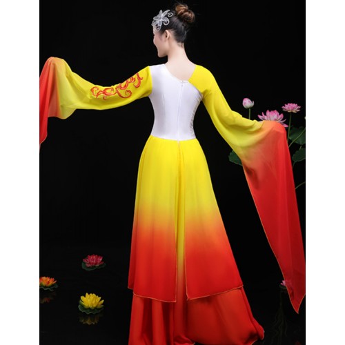 Women's red with yellow chinese folk dance costumes hanfu fairy princess dresses water sleeves stage performance classical dance dress
